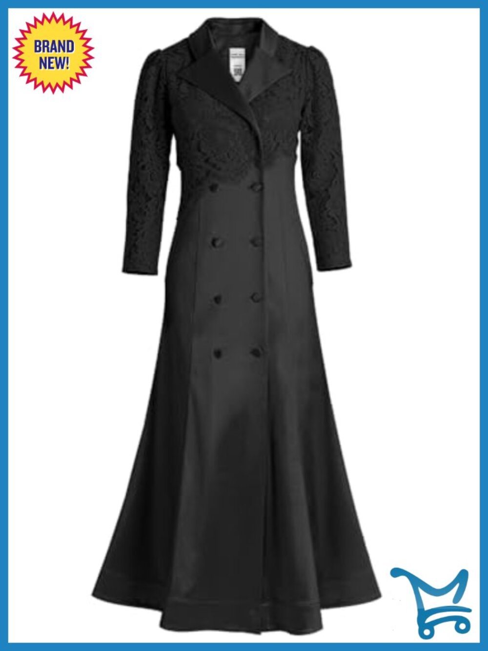 Women's Satin Evening Coat Dress with Lace Sleeves Double-Breasted Flared A-line